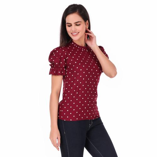 Printed Polkas Rayon Ruffle Sleeve Summer Top. (Wine)