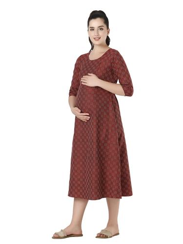 Cotton Maternity Feeding Dress With Zippers For Nursing. (Brown)