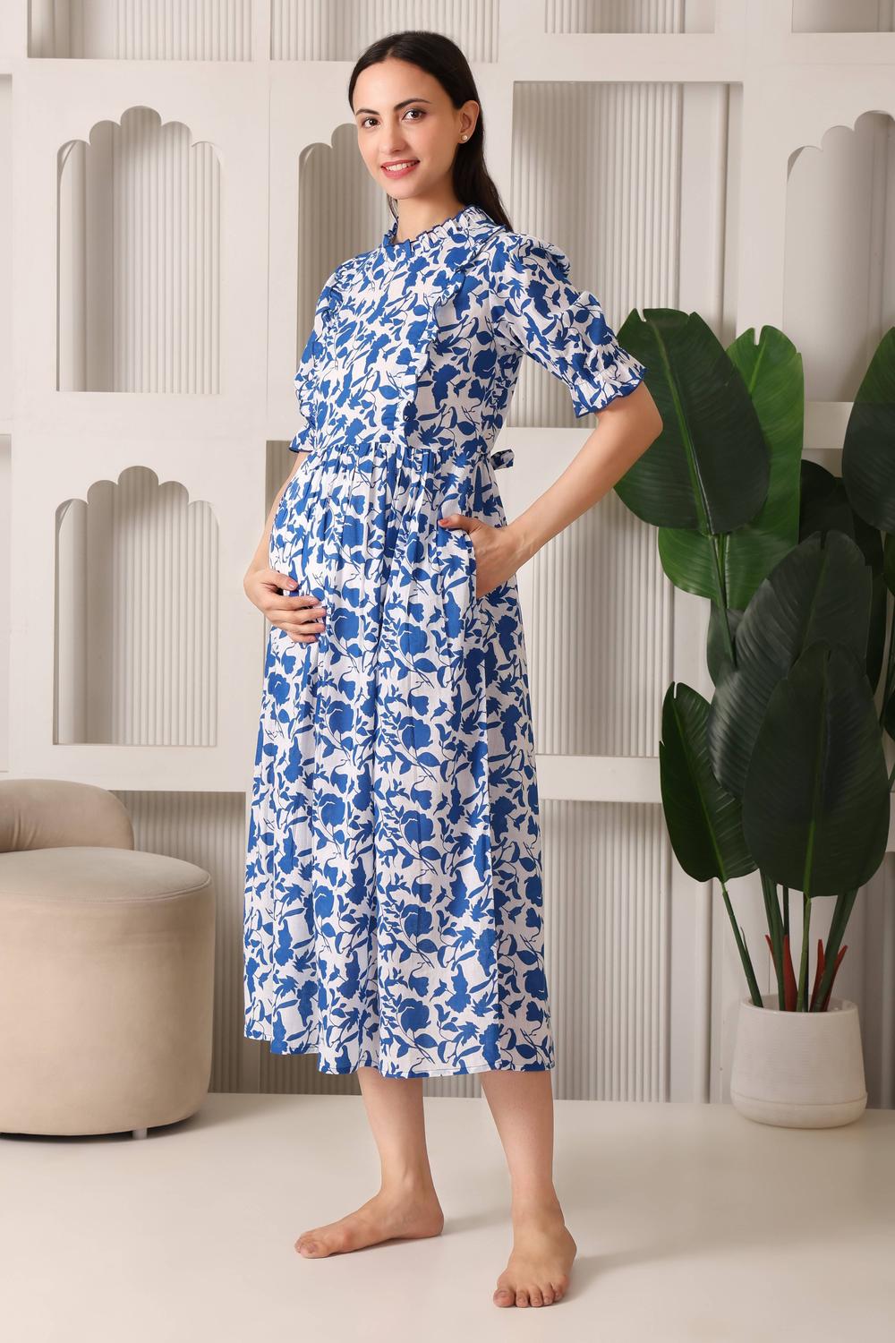 Cloud-Soft Puff Sleeve Maternity & Feeding Dress. (Blue)