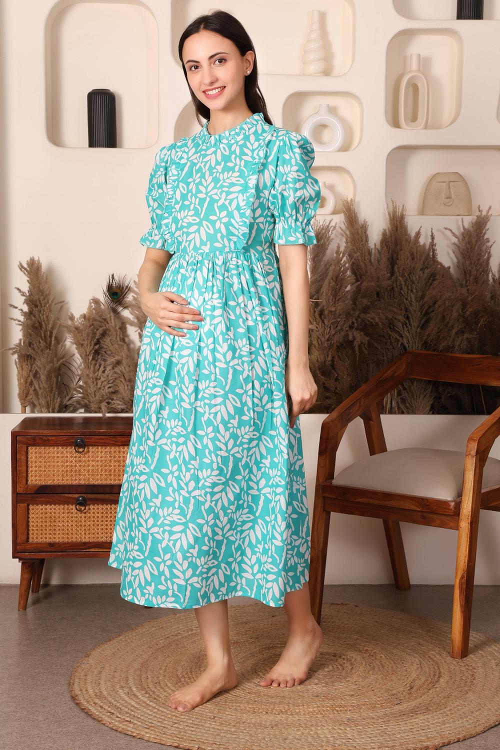 Cloud-Soft Puff Sleeve Maternity & Feeding Dress. (Green)