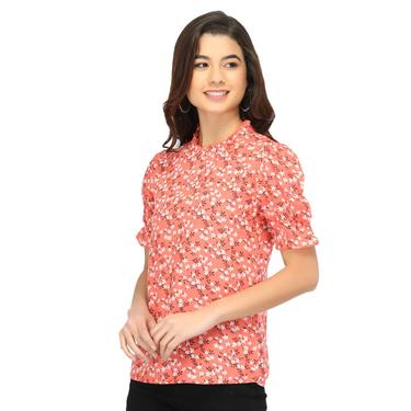 Printed Floral Rayon Ruffle Sleeve Summer Top. (Peach)