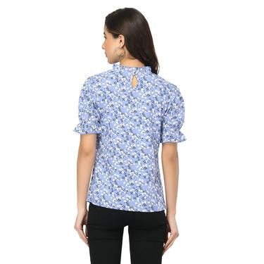 Printed Floral Rayon Ruffle Sleeve Summer Top. (Sky Blue)