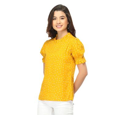 Printed Polkas Rayon Ruffle Sleeve Summer Top. (Mustard)