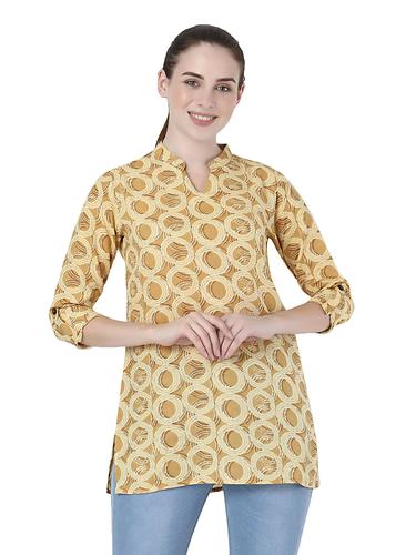 Abstract Printed Cotton Short Kurti. (Mustard)