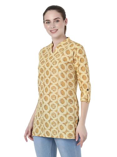 Abstract Printed Cotton Short Kurti. (Mustard)