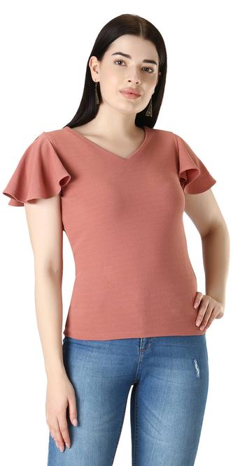 Flutter Sleeve Top With V-Neck. (Pink)