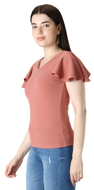 Flutter Sleeve Top With V-Neck. (Pink)