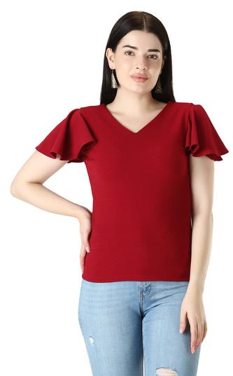 Flutter Sleeve Top With V-Neck. (Maroon)