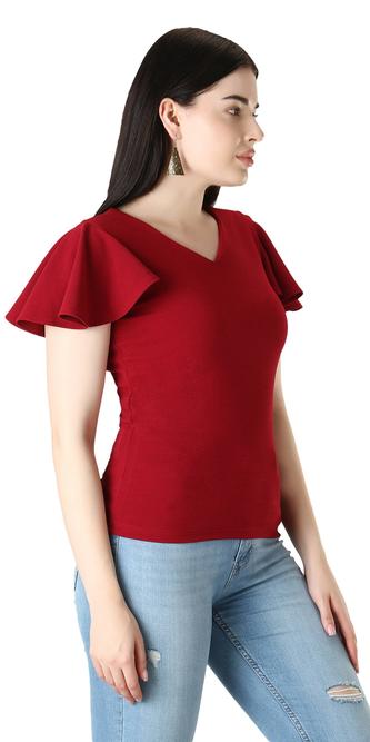 Flutter Sleeve Top With V-Neck. (Maroon)