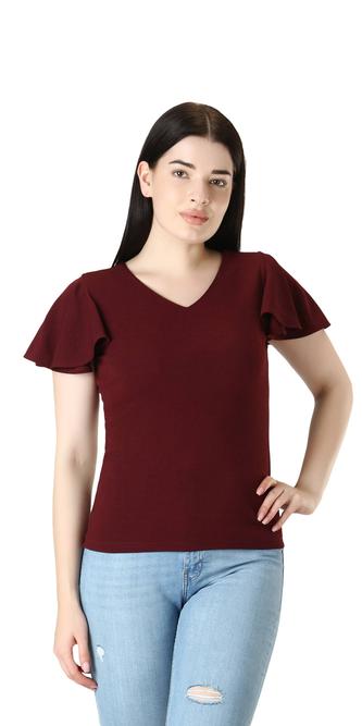 Flutter Sleeve Top With V-Neck. (Wine)