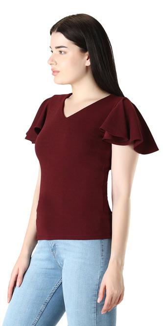 Flutter Sleeve Top With V-Neck. (Wine)