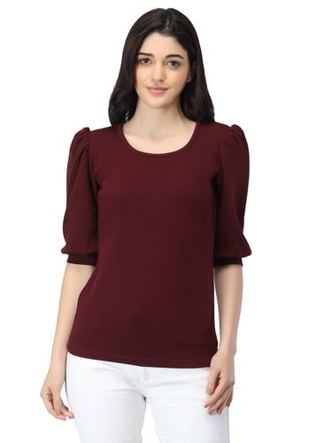 Round Neck Top With Cuffed Sleeves. (Wine)