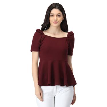 Puffed Sleeves Peplum Top. (Wine)