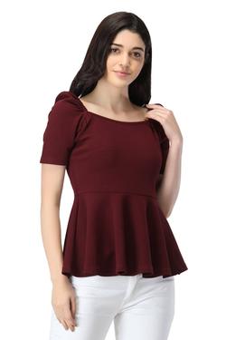 Puffed Sleeves Peplum Top. (Wine)