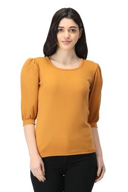 Round Neck Top With Cuffed Sleeves. (Mustard)