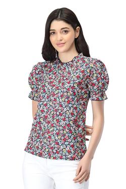 Printed Floral Rayon Ruffle Sleeve Summer Top. (Navy)