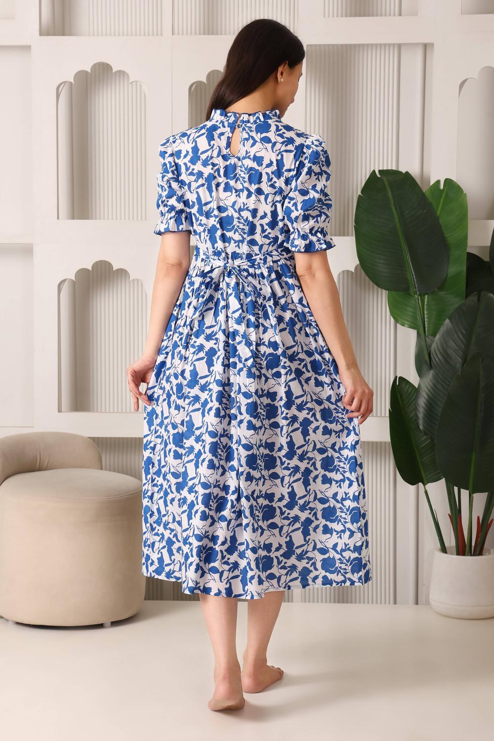 Cloud-Soft Puff Sleeve Maternity & Feeding Dress. (Blue)