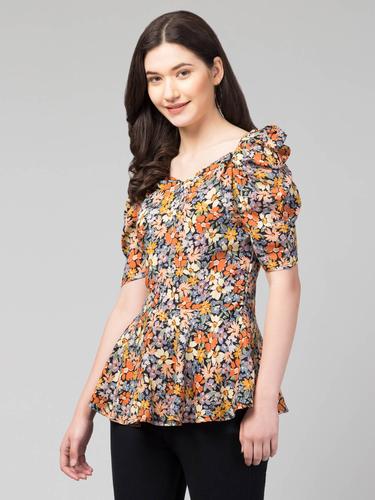 Rayon Polka Summer Peplum Top With Puffed Sleeves. (Black)