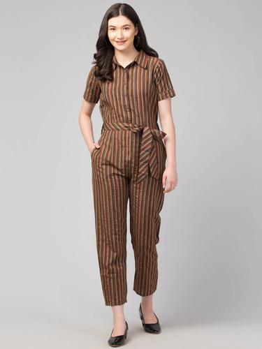Collared Half Sleeved Cotton Jumpsuit. (Brown)