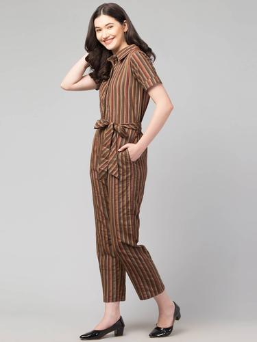 Collared Half Sleeved Cotton Jumpsuit. (Brown)