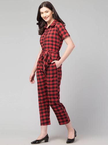 Collared Half Sleeved Cotton Jumpsuit. (Red-Black)