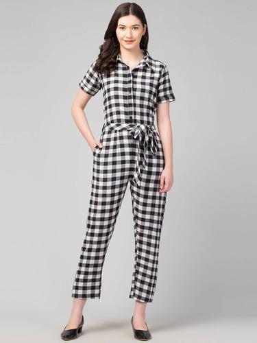 Collared Half Sleeved Cotton Jumpsuit. (Black-White)