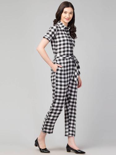 Collared Half Sleeved Cotton Jumpsuit. (Black-White)