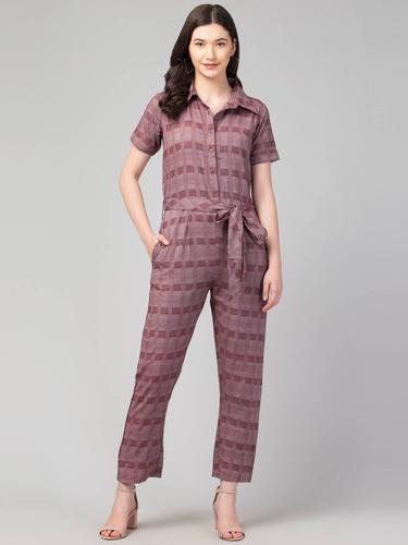 Collared Half Sleeved Cotton Jumpsuit. (Wine)