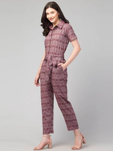 Collared Half Sleeved Cotton Jumpsuit. (Wine)