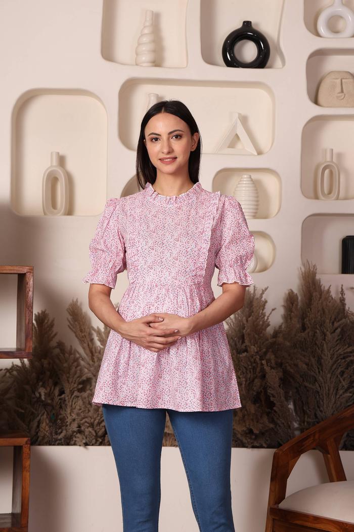 Bloom & Breathe Floral Cotton Maternity Peplum Top. (Rose)
