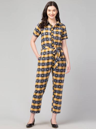 Collared Half Sleeved Cotton Jumpsuit. (Honey)