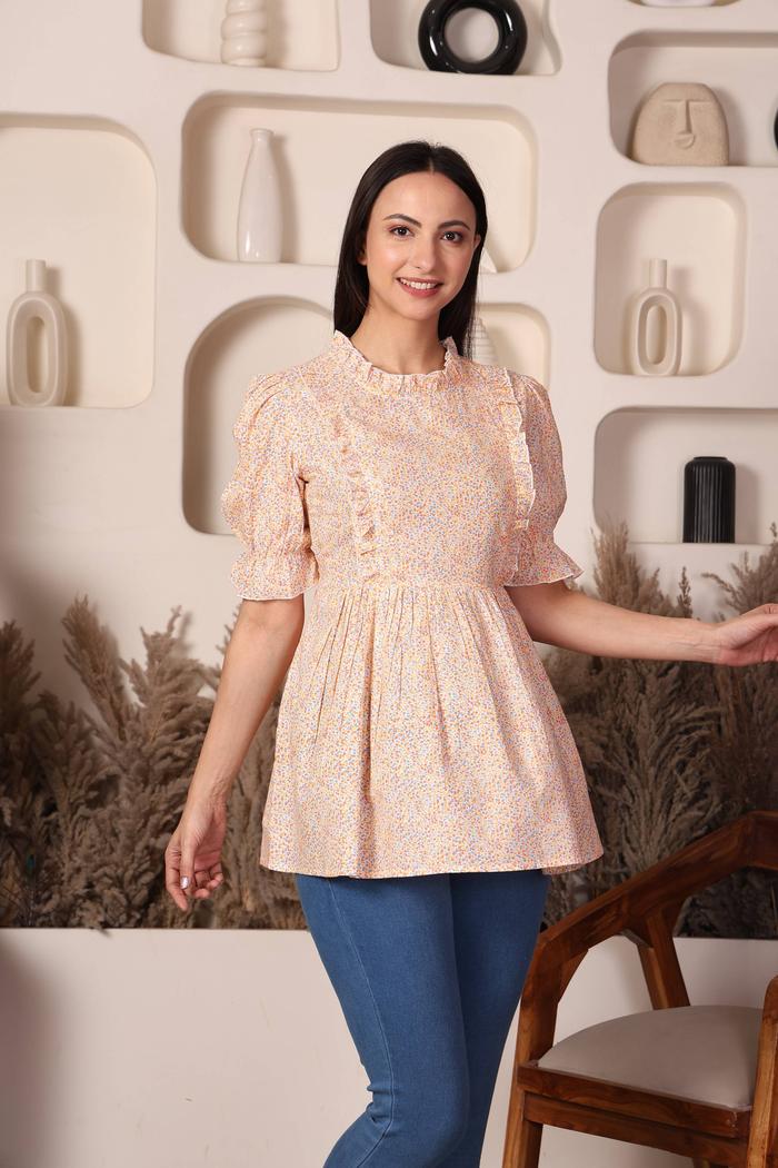 Bloom & Breathe Floral Cotton Maternity Peplum Top. (Lemon)