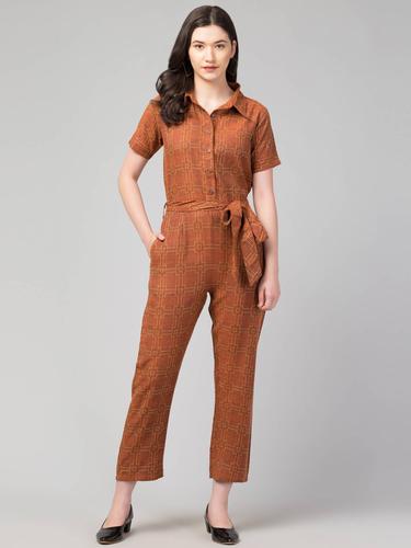 Collared Half Sleeved Cotton Jumpsuit. (Cinnamon)