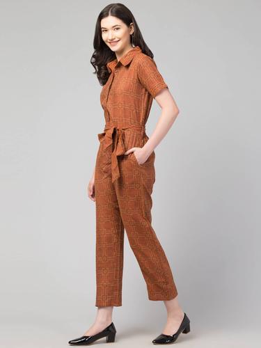 Collared Half Sleeved Cotton Jumpsuit. (Cinnamon)