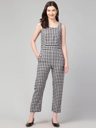 Square Neck Cut Sleeved Jumpsuit. (Gingham)