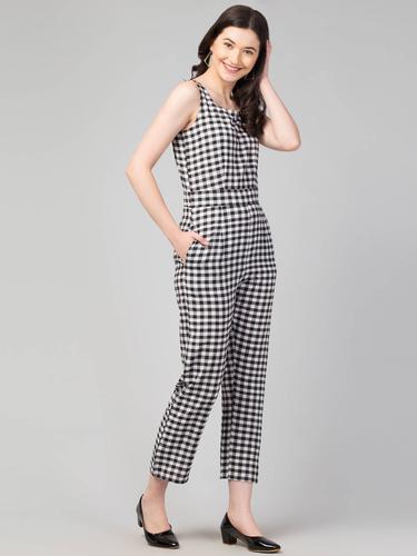 Square Neck Cut Sleeved Jumpsuit. (Gingham)