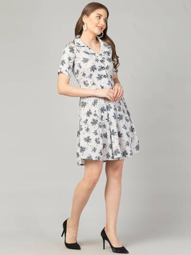 Floral Cotton Notch Collared Short Dress. (Grey)