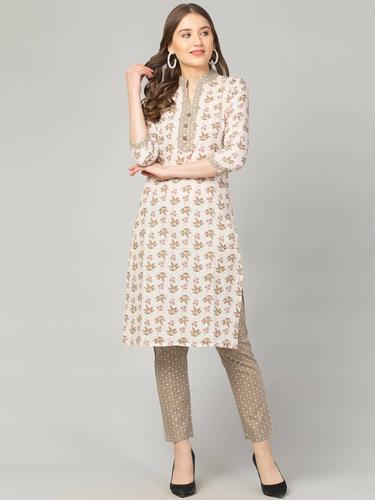 Cotton Printed Collar Kurta Set With Pant. (Moss)