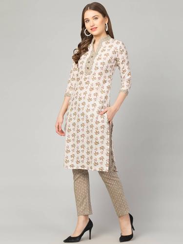 Cotton Printed Collar Kurta Set With Pant. (Moss)