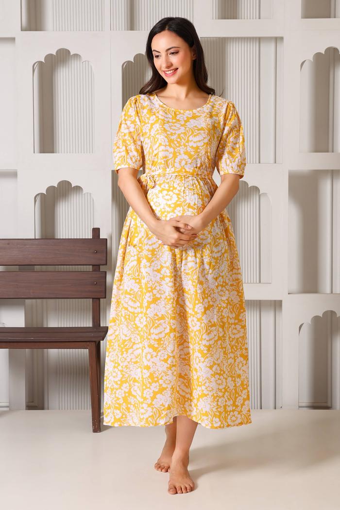 Meadow Bloom Maternity Feeding Dress. (Mustard)