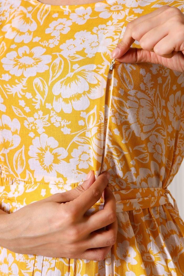 Meadow Bloom Maternity Feeding Dress. (Mustard)