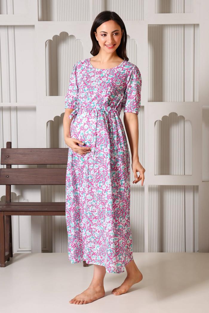 Meadow Bloom Maternity Feeding Dress. (Mauve)