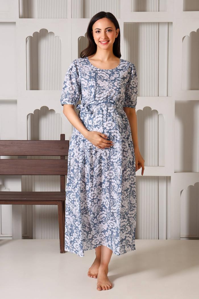 Meadow Bloom Maternity Feeding Dress. (Grey)