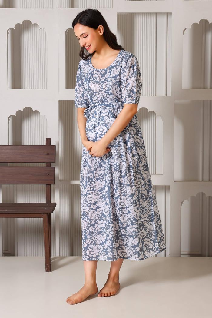 Meadow Bloom Maternity Feeding Dress. (Grey)