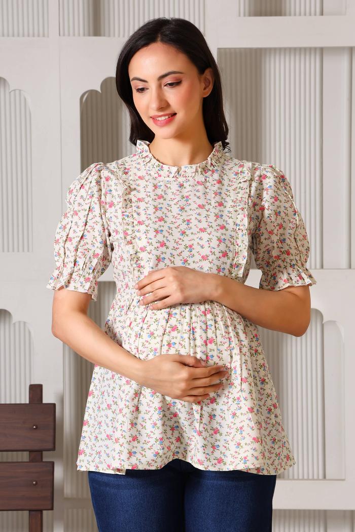 Bloom & Breathe Floral Maternity Peplum Top. (Ditsy)