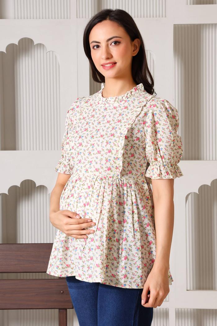 Bloom & Breathe Floral Maternity Peplum Top. (Ditsy)