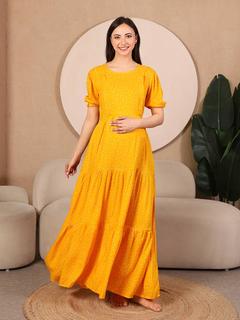 Pretty Polkas Tiered Maternity & Nursing Maxi Dress. (Mustard)