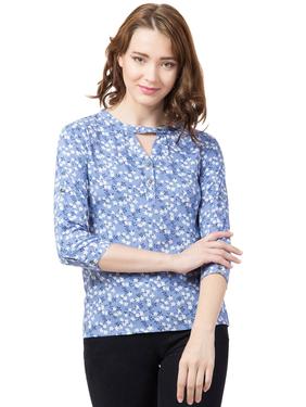 Rayon Floral Band Collar Top. (Sky Blue)