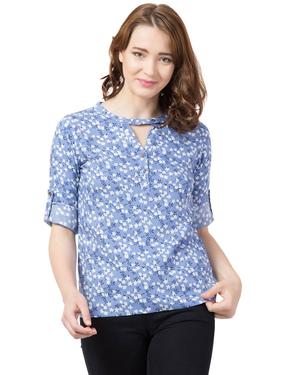 Rayon Floral Band Collar Top. (Sky Blue)